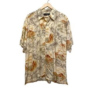 Vtg Tori Richard Hawaiian Button Up Shirt Men Size XL Tiki Palm‎ Floral Beige